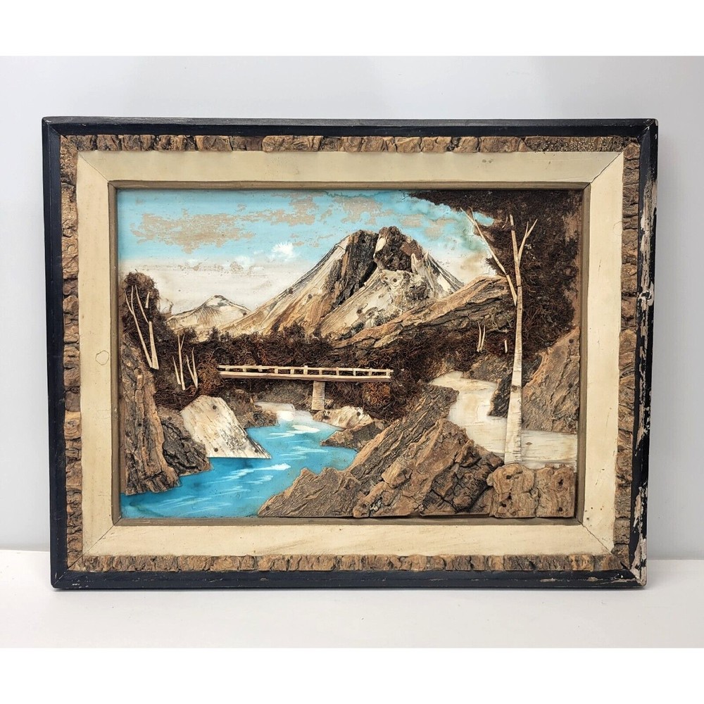 Vintage Japanese Bark & Moss 3D Framed Picture Diorama Art Mt Fuji 16 x12